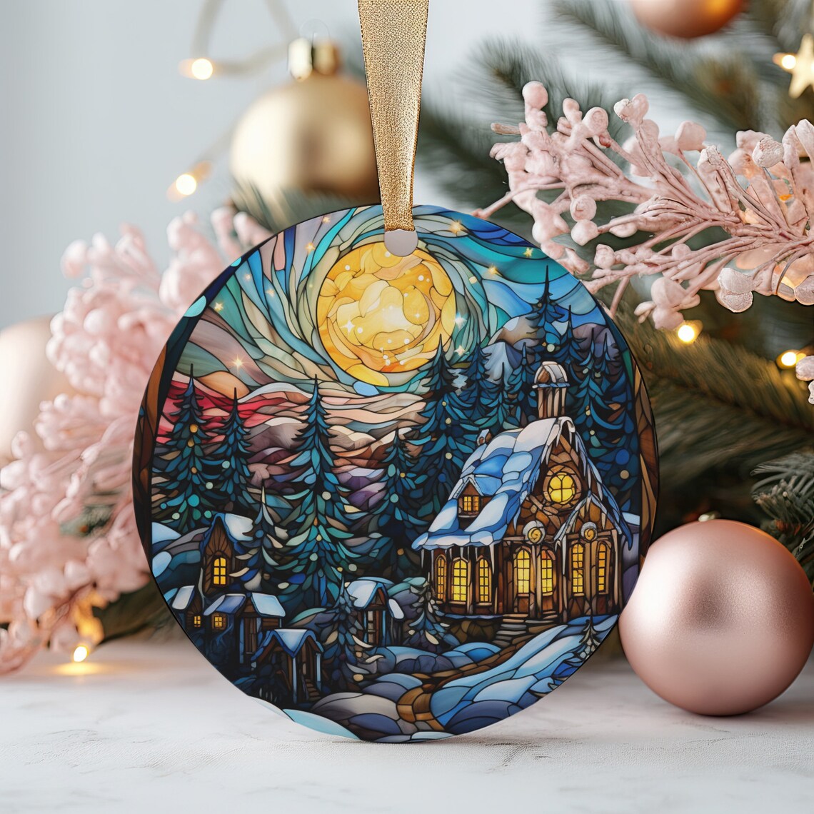 Stained Glass Snowy Village Night Ornament Print Winter Moon Holiday Keepsake