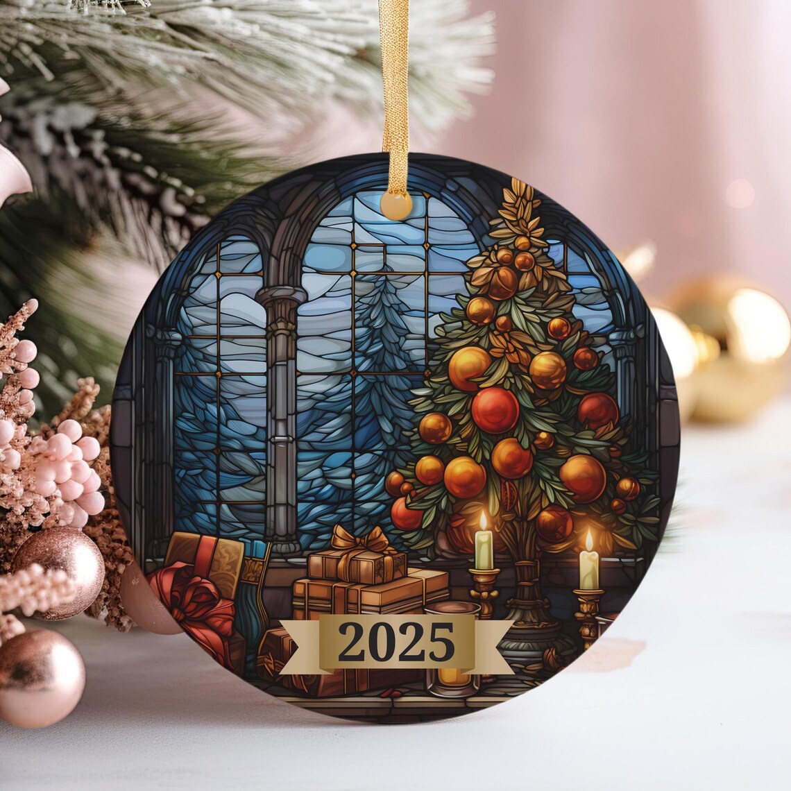 2025 Stained Glass Christmas Ornament Orange Tree Candles Gifts Poster