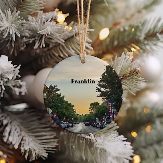 Franklin Holiday Sunset Street Scene Round Keepsake Ornament Print