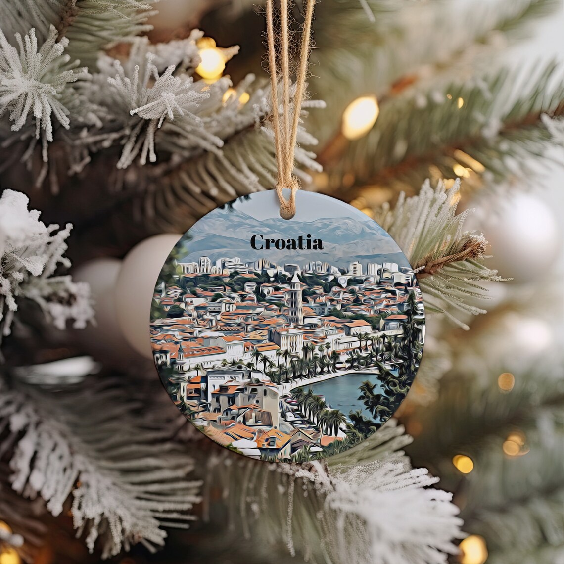 Croatia Coastal City Panorama Round Christmas Tree Ornament Art Print