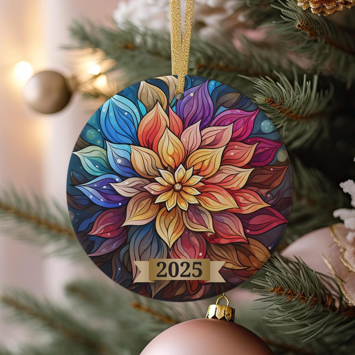 2025 Stained Glass Christmas Ornament Rainbow Floral Mandala Poster