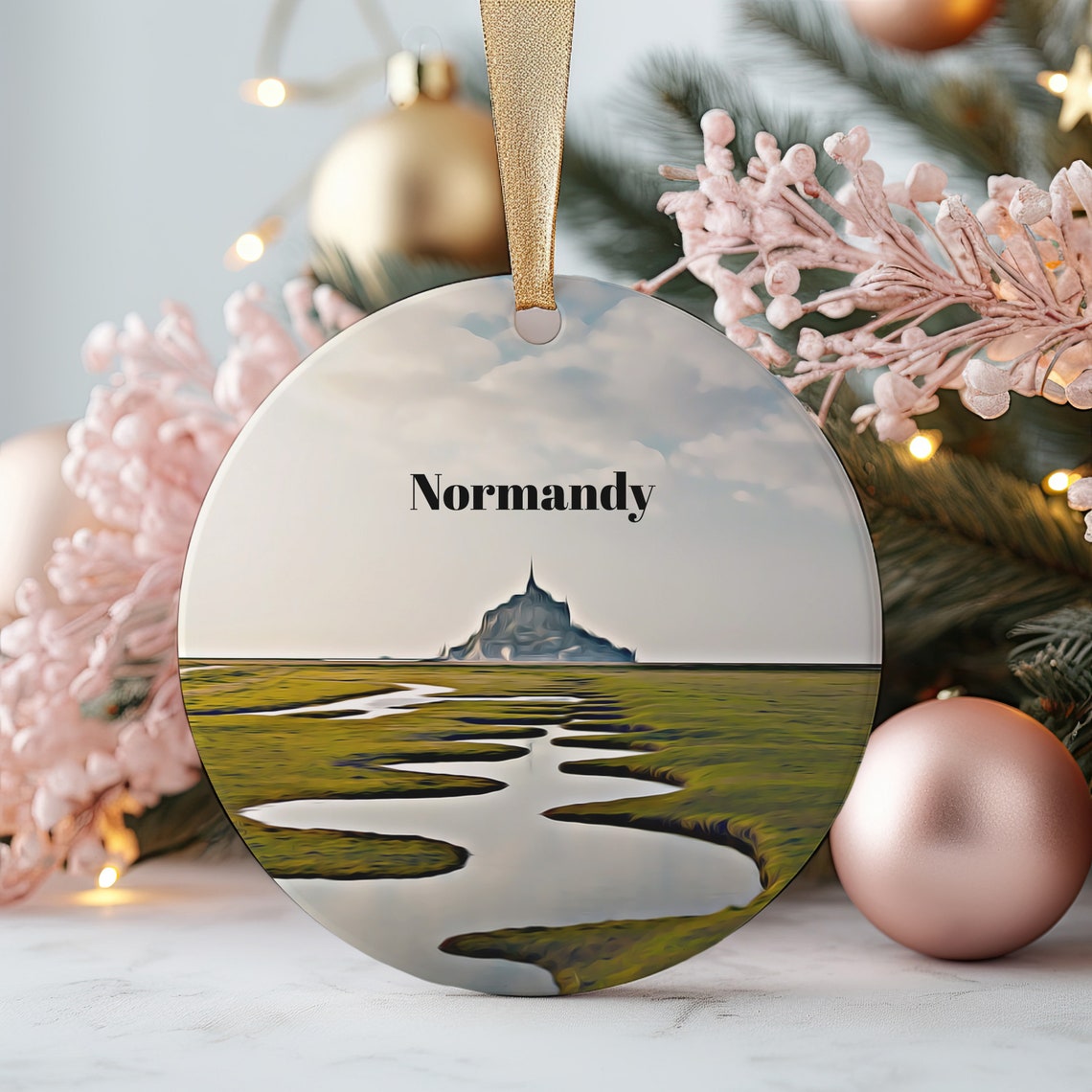Normandy France Mont Saint Michel Tidal Bay Christmas Ornament Print