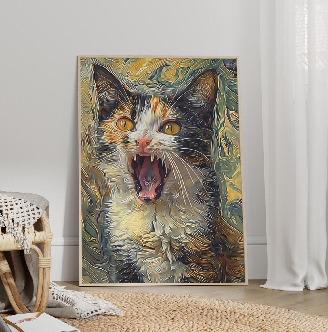 Screaming Calico Cat Portrait With Swirling Artistic Background Poster