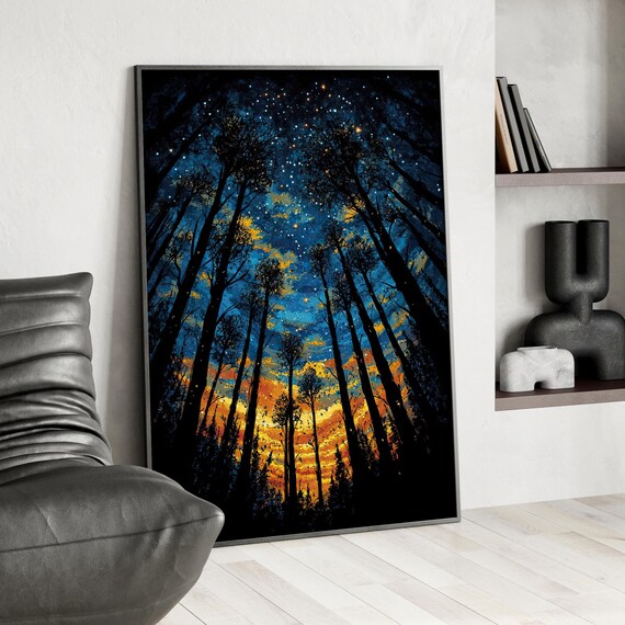 Tall Forest Canopy Silhouette Under Starry Night Sky Painting Poster