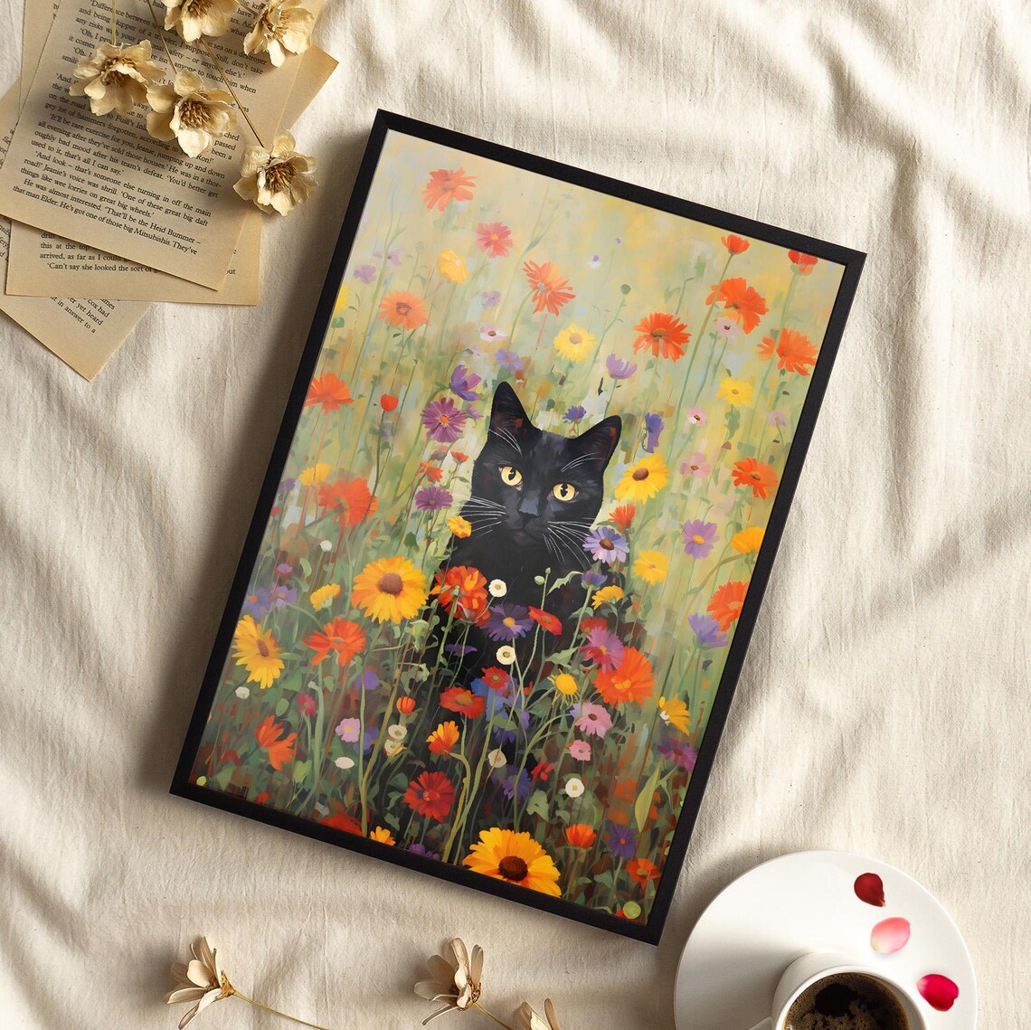Black Cat in Colorful Wildflower Garden Klimt Style Floral Art Poster