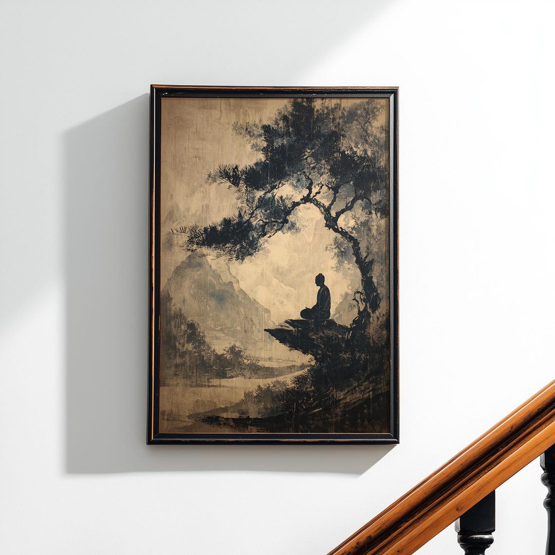 Zen Meditator On Cliff Pine Tree Vintage Ink Wash Painting Poster