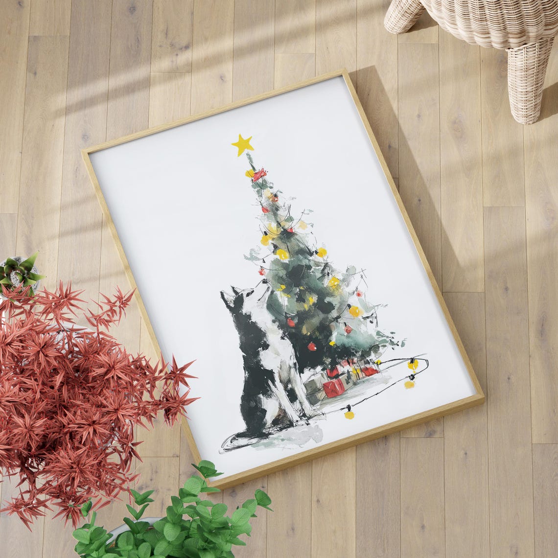 Husky Dog Gazing at Christmas Tree Minimalist Watercolor Poster