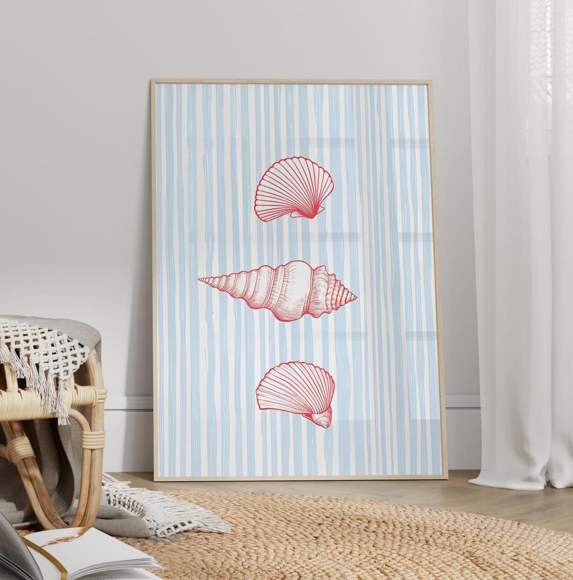Red Seashell Illustrations on Blue Stripes Coastal Decor Poster