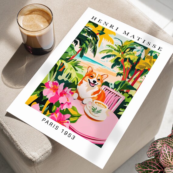 Smiling Dog Drinking Coffee Matisse Style Tropical Botanical Poster