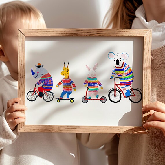 Animals in Colorful Sweaters Riding Bikes Funny Kids Nursery Poster