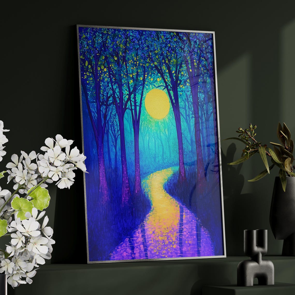 Moonlit Forest Path Glowing Moon Purple Blue Night Painting Print - Image 4