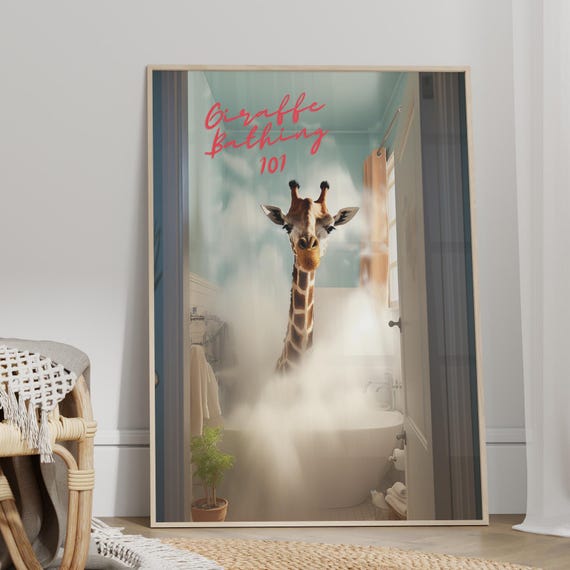 Funny Realistic Giraffe Taking A Bath Typography Wall Art Print Or Canvas Whimsical Bathroom Decor Preppy Animal Shower Room Poster