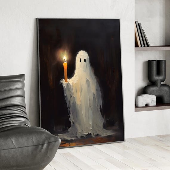 A Holding Candle Art Print Or Canvas Boo Vintage Poster Palette Knife Painting Wicca Goth Dark Academia Haunting Halloween Decor