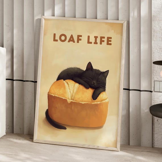 Black Cat Loaf Life Vintage Painting Poster Or Canvas Print Cute Funny Kitchen Wall Decor Bread And Bakery Art