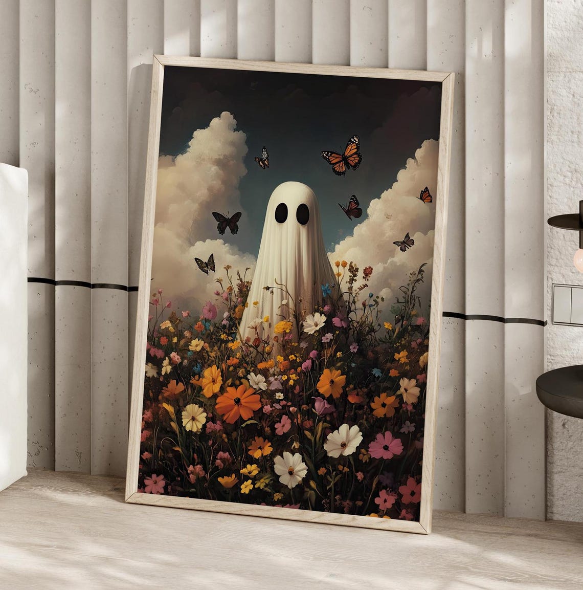 Cute Ghost In Wildflower Field With Butterflies Spooky Poster