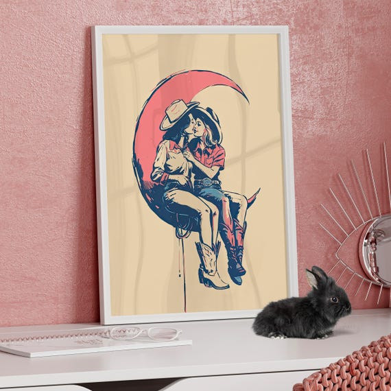 Moon Kiss Cowgirl Art Print Poster Or Canvas Retro Western Wall Decor Minimalist Line Vintage Pink Blue Rodeo Romance