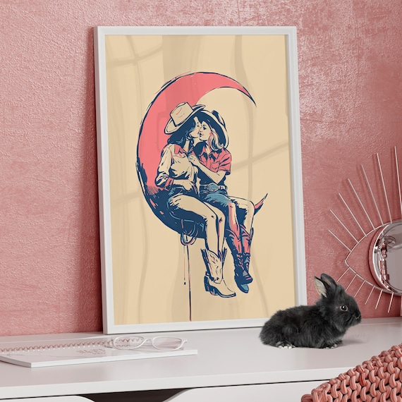 Sweet Moon Kiss Cowgirls Retro Western Romance Scene Art Poster
