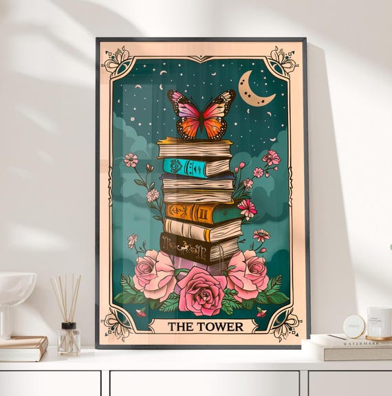 Stack Of Books Tarot Card Floral Art Poster Or Canvas Print The Tower Book Retro Botanical