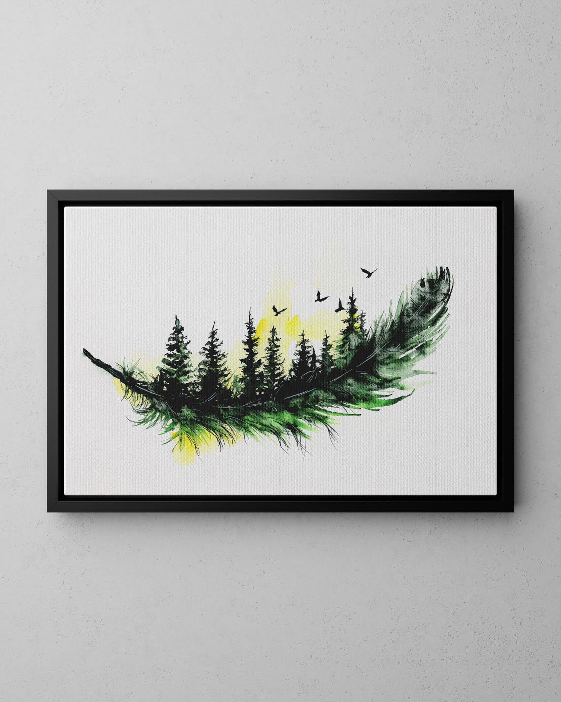 Green Feather Forest Pine Tree Watercolor Nature Scene Poster