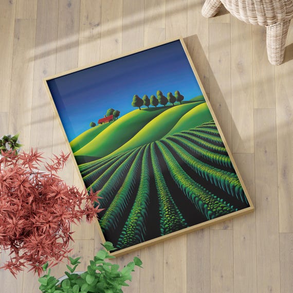 Green Farm Landscape Print Poster Or Canvas Rolling Hills Blue Sky Farmhouse Modern Nature Wall Art Land Kids