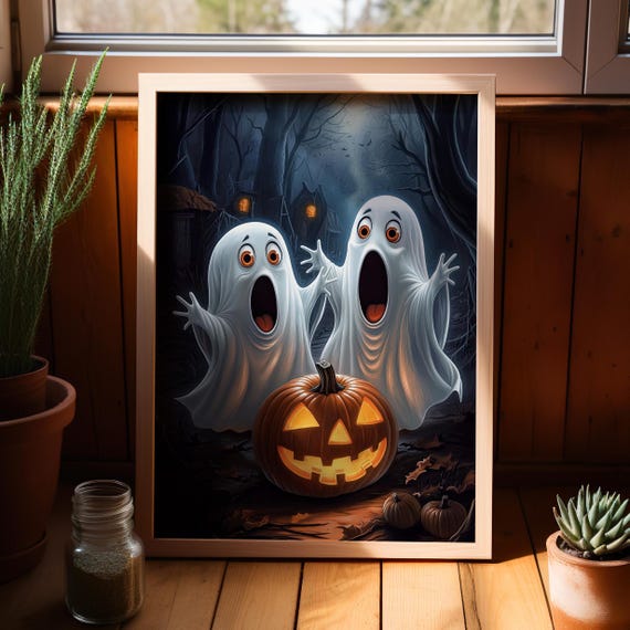 Surprised Two Cute Ghosts With Pumpkin Halloween Poster Or Canvas Print In The Dark Forest Wall Art Spooky Decor