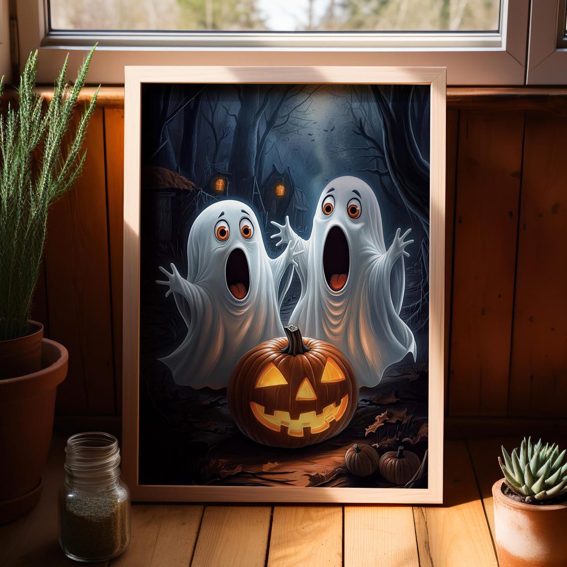 Two Surprised Ghosts With Pumpkin Spooky Halloween Forest Art Poster