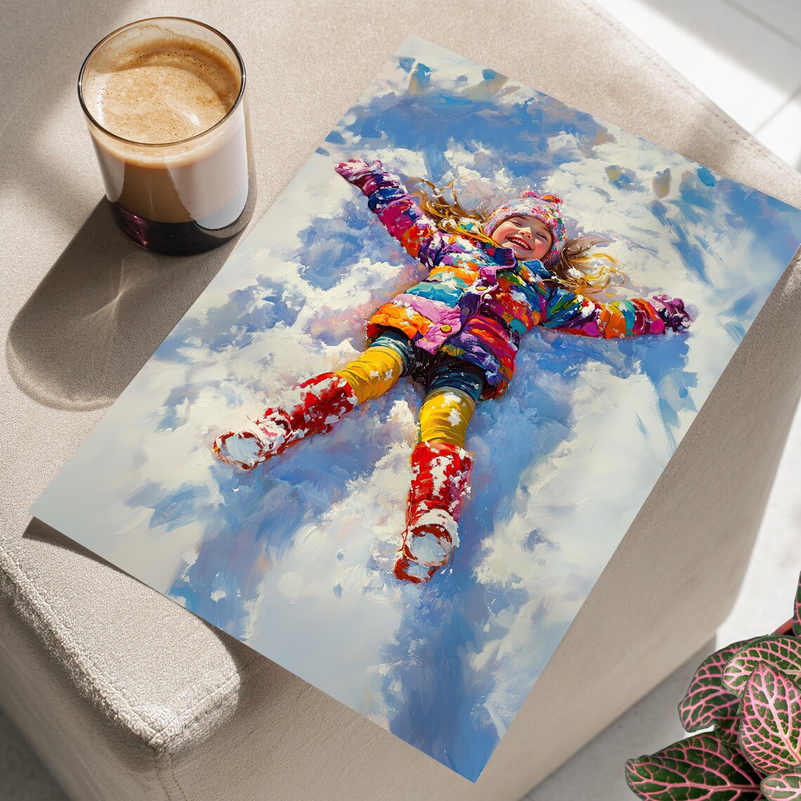 Happy Little Girl Making Snow Angel Bright Winter Kids Wall Art