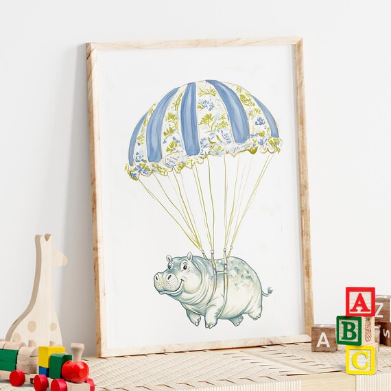 Whimsical Hippo In Parachute Nursery Art Poster Or Canvas Print Hot Air Balloon Animal Kids Wall Blue Green Baby Room Decor