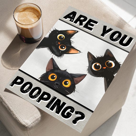 Cute Black Cats Are You Pooping Toilet Wall Art Or Canvas Funny Bathroom Print Whimsical Poster Modern