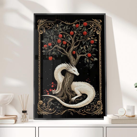 White Dragon Coiled Around Apple Tree Gothic Fantasy Folklore Poster