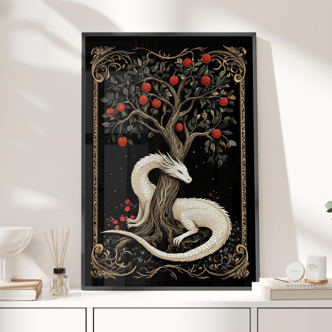 White Dragon Coiled Around Apple Tree Gothic Fantasy Folklore Poster