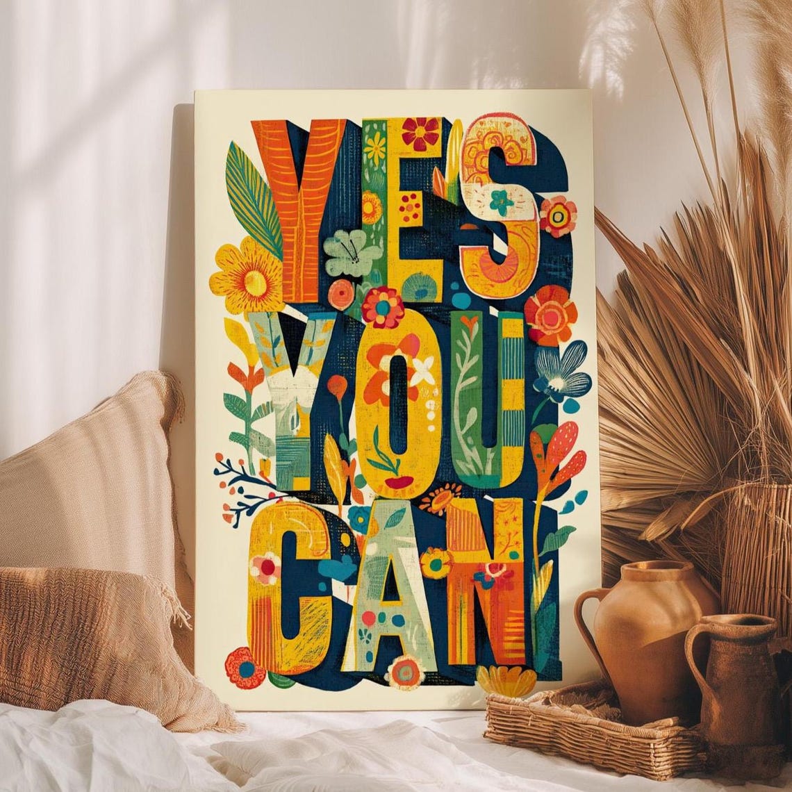 Yes You Can Colorful Floral Typography Motivational Quote Poster