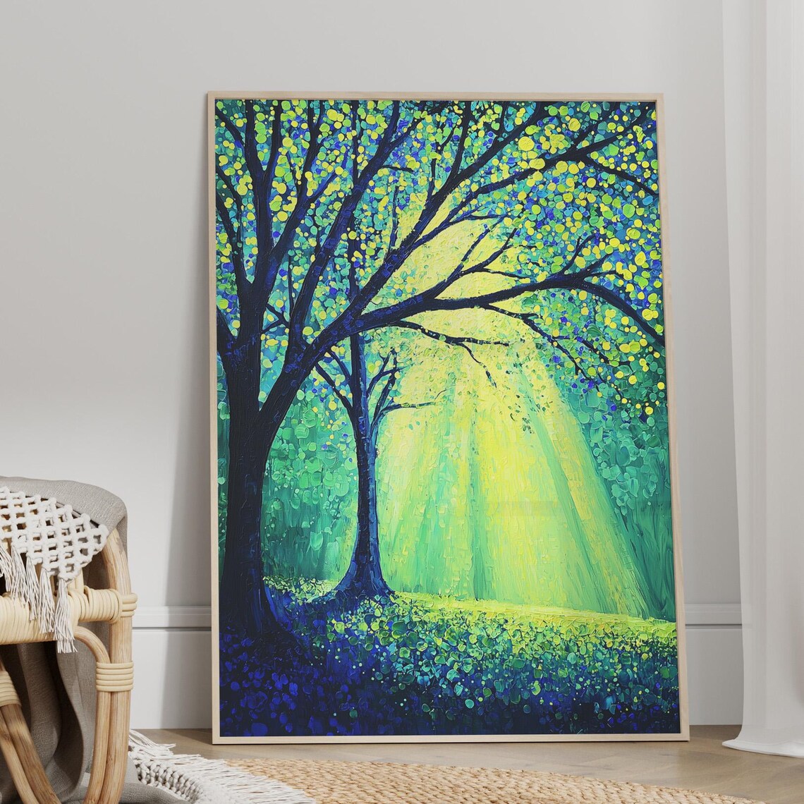 Sunlit Forest Trees Golden Light Through Leaves Painting Poster - Image 3