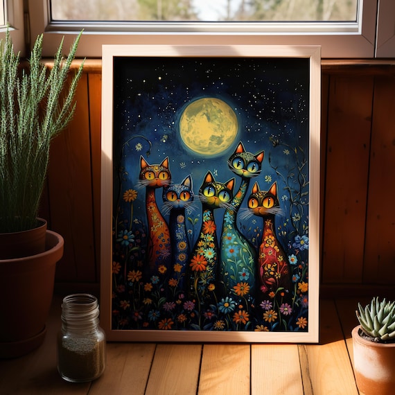 Five Cats with Floral Patterns under Full Moon Magical Night Poster