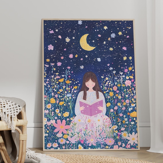 Girl Reading Book Under The Moon In A Dark Blue And Pink Floral Field Wall Art Poster Or Print Blue Starry Night Sky Nursery Print