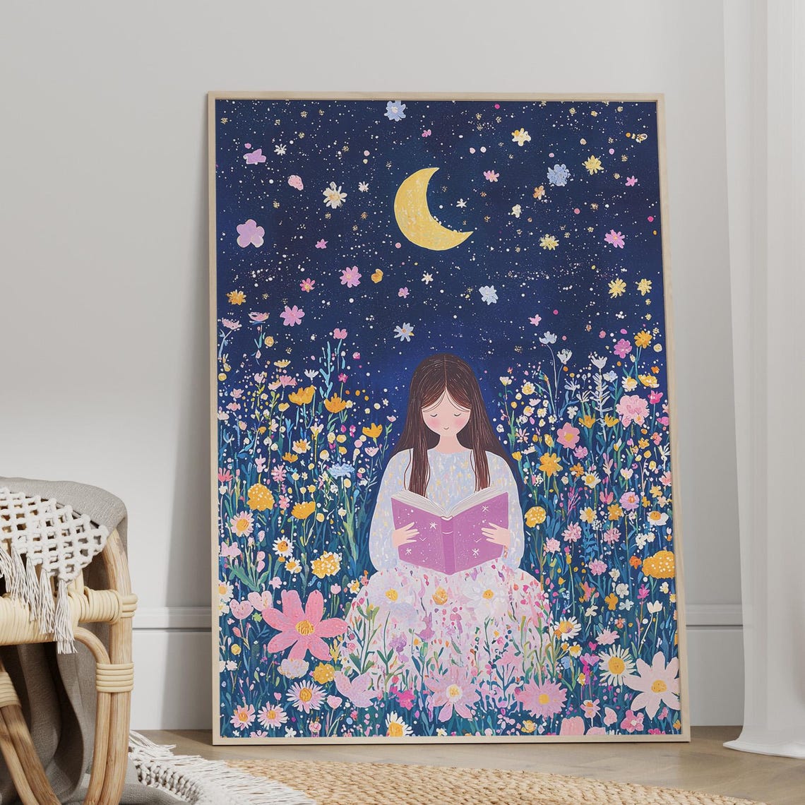 Girl Reading Book Flower Meadow Night Moon Whimsical Art Poster