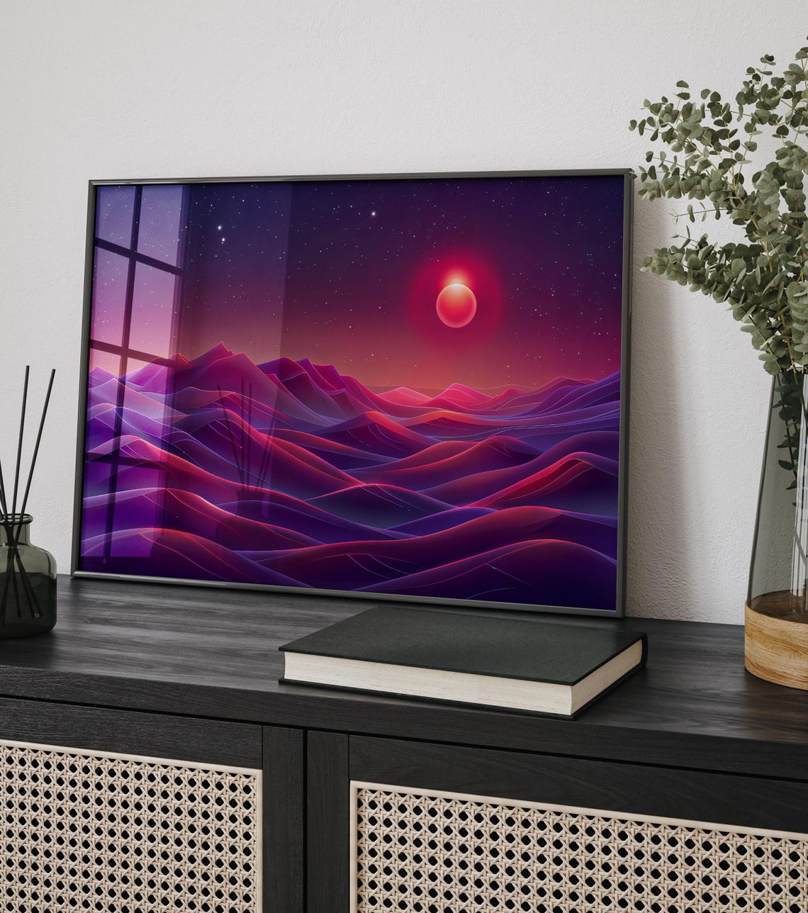 Purple Hills Sunset Abstract Landscape Starry Night Sky Wall Art Poster Or Canvas Print Magical Nature Celestial Orb Over The