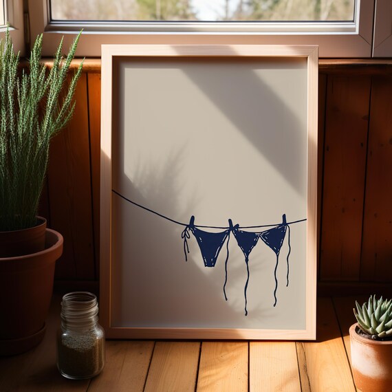 Navy Blue Bikinis on a Clothesline Coastal Beach Line Art Poster