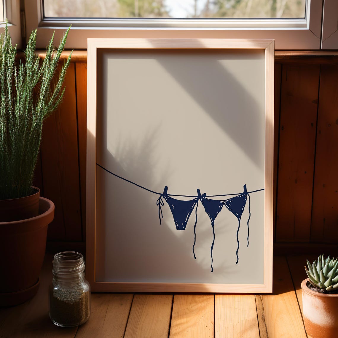 Navy Blue Bikinis on a Clothesline Coastal Beach Line Art Poster