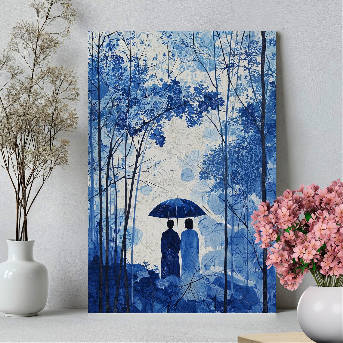 Blue Forest Umbrella Couple Monochrome Asian Landscape Painting Print - Image 2