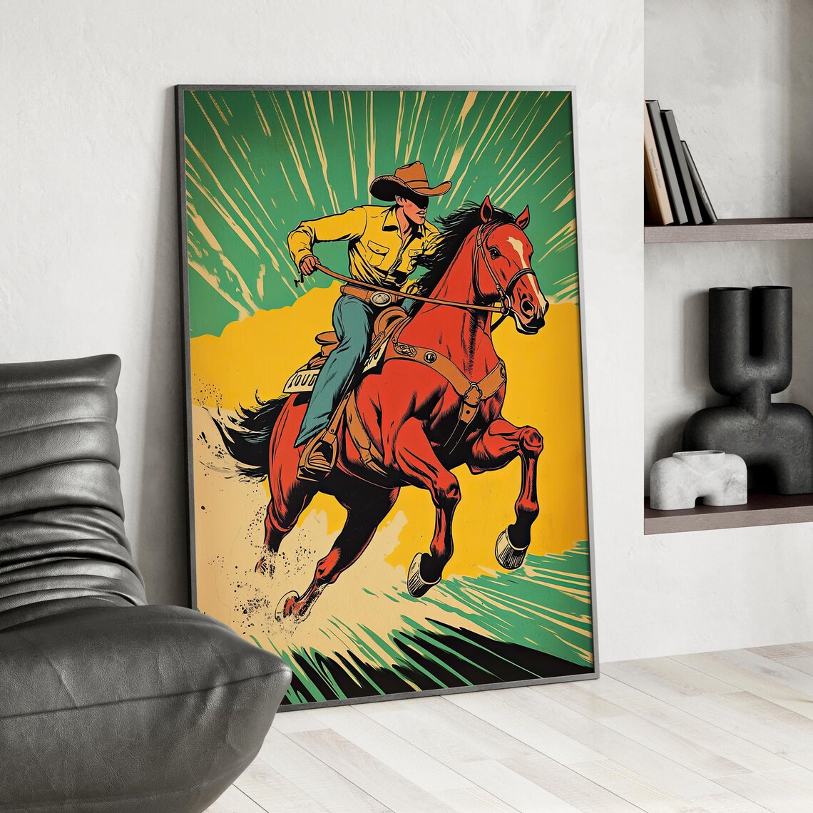Vintage Comic Cowboy Riding a Red Horse Classic Western Art Poster