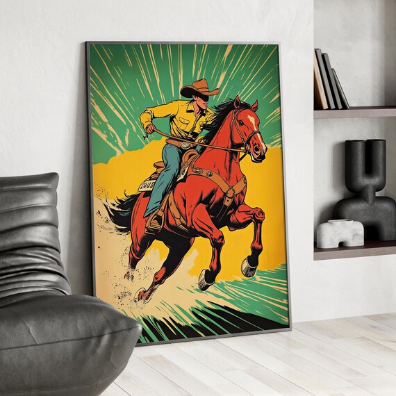 Vintage Comic Cowboy Riding a Red Horse Classic Western Art Poster