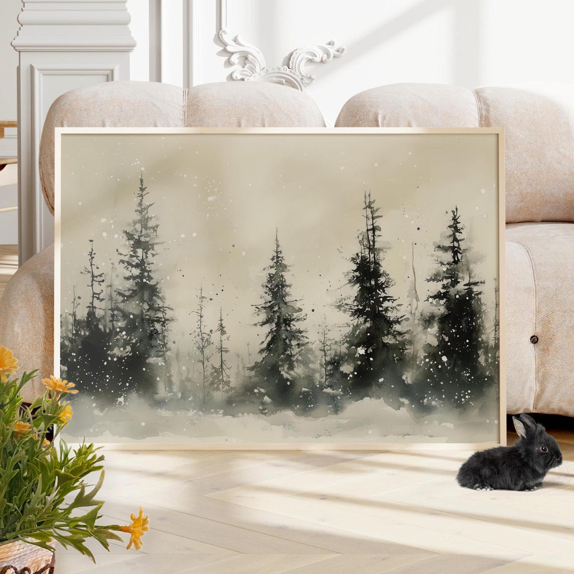 Snowy Pine Forest Soft Winter Mist Watercolor Rustic Landscape Poster