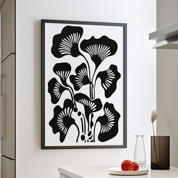 Black Abstract Botanical Line Art Print Or Canvas Boho Floral Minimalist Wall Decor Poster And White Tropical