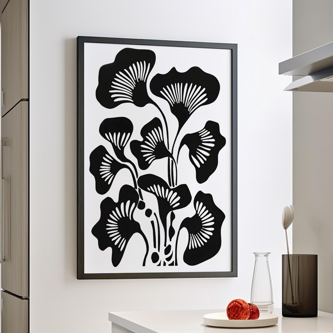 Black Abstract Botanical Line Art Print Or Canvas Boho Floral Minimalist Wall Decor Poster And White Tropical
