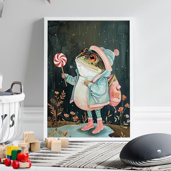 Frog In Raincoat With Lollipop Nursery Wall Art Print Or Canvas Toad Beanie Children Illustration Poster Puddle Raindrops Toddler