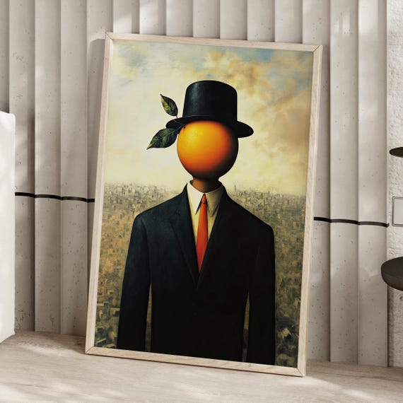 Surreal Orange Man Art Print Poster Or Canvas Ren Magritte Inspired Abstract Wall Decor Whimsical Modern Dreamy