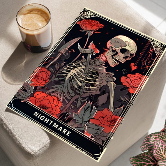 Nightmare Tarot Card Red And Black Floral Skeleton Dark Art Print Or Canvas Gothic Botanical Whimsigoth Skull Decor