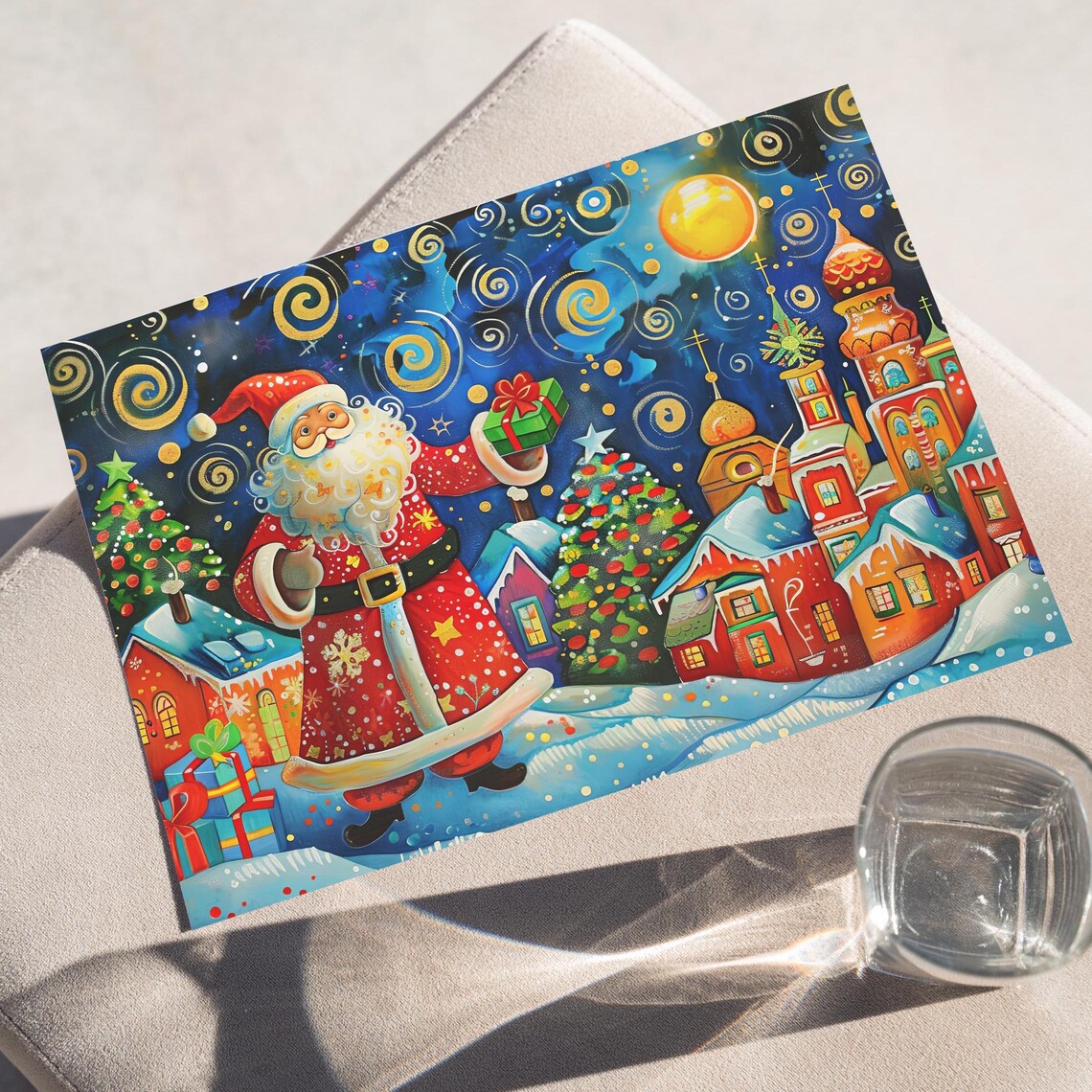 Santa Claus Folk Art Christmas Night Snowy Village Scene Print