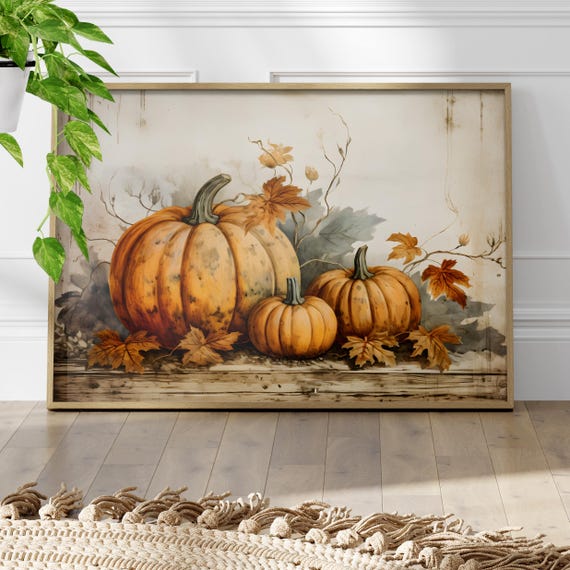 Vintage Autumn Poster Art Print Or Canvas Calming Colored Thanksgiving Fall Farmhouse Rustic Painting Pumpkin Still Life Design